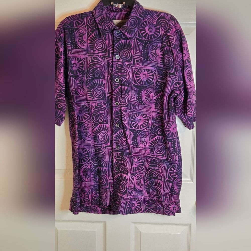 Johari West L Purple Batik Print  Abstract Aloha Hawaiian Shrtslv Men Shirt